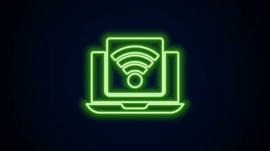 Parlayan neon hattı kablosuz dizüstü bilgisayar simgesi siyah arkaplanda izole edildi. İnternet kavramının kablosuz bağlantısı. 4K Video hareketli grafik canlandırması