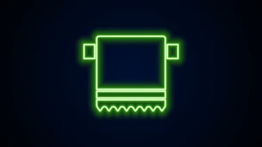 Askı simgesinde parlayan neon çizgisi havlusu siyah arkaplanda izole edildi. Banyo havlusu ikonu. 4K Video hareketli grafik canlandırması