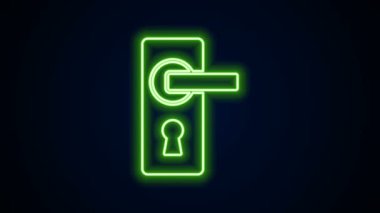 Parlayan neon hattı Kapı kolu simgesi siyah arkaplanda izole edildi. Kapı kilidi işareti. 4K Video hareketli grafik canlandırması