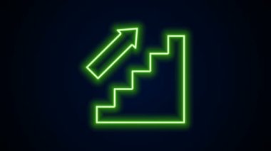 Parlayan neon hattı merdivenleri siyah arka planda izole edilmiş bir ikon. 4K Video hareketli grafik canlandırması