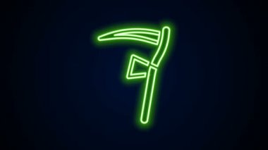Parlayan neon hattı Scythe simgesi siyah arkaplanda izole edildi. Mutlu Cadılar Bayramı Partisi. 4K Video hareketli grafik canlandırması