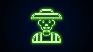Siyah arka planda izole edilmiş şapka ikonundaki parlak neon çizgili çiftçi. 4K Video hareketli grafik canlandırması