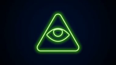 Parlayan neon çizgisi Masonların sembolü Tanrı 'nın her şeyi gören ikonu siyah arka planda izole edilmiş. Üçgendeki Tanrı 'nın Gözü. 4K Video hareketli grafik canlandırması
