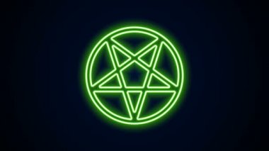 Siyah arkaplanda izole edilmiş bir daire simgesinde parlayan neon çizgisi Pentagram. Sihirli okült yıldız sembolü. 4K Video hareketli grafik canlandırması