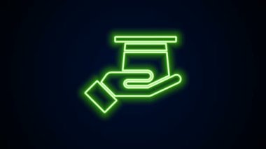 Parlayan neon çizgisi, siyah arka planda izole edilmiş, el yapımı bir sihirbaz şapkası. Sihir numarası. Gizemli eğlence konsepti. 4K Video hareketli grafik canlandırması