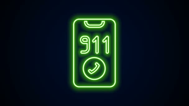 Linea neon incandescente Telefono con chiamata di emergenza Icona 911 isolata su sfondo nero. Polizia, ambulanza, vigili del fuoco, chiamata, telefono. Animazione grafica 4K Video motion — Video Stock