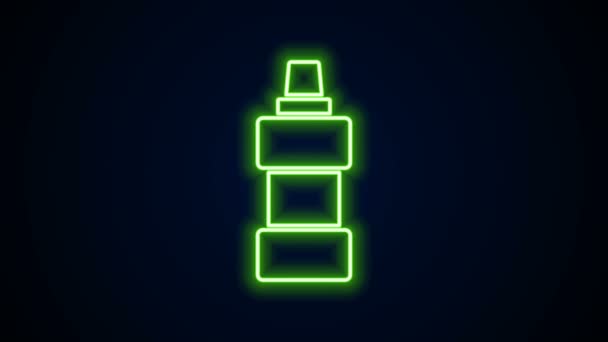 Zářící neonová řada Plastová láhev na prací prostředek, bělidlo, mycí kapalina nebo jiná ikona čisticího prostředku izolovaná na černém pozadí. Grafická animace pohybu videa 4K — Stock video