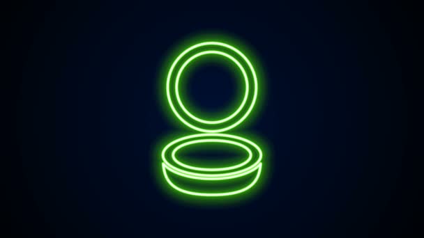 Gloeiende neon lijn Make-up poeder met spiegel pictogram geïsoleerd op zwarte achtergrond. 4K Video motion grafische animatie — Stockvideo