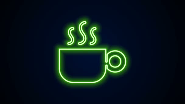 Icono de taza de café de línea de neón brillante aislado sobre fondo negro. Taza de té. Café caliente. Animación gráfica de vídeo 4K — Vídeos de Stock