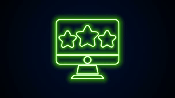 Gloeiende neon lijn Vijf sterren klant product rating review pictogram geïsoleerd op zwarte achtergrond. Favoriete, beste beoordeling, award symbool. 4K Video motion grafische animatie — Stockvideo