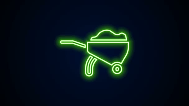 Leuchtende neonfarbene Schubkarre mit Schmutzsymbol isoliert auf schwarzem Hintergrund. Werkzeugausrüstung. Landwirtschaftlicher Fuhrmannbetrieb. 4K Video Motion Grafik Animation — Stockvideo
