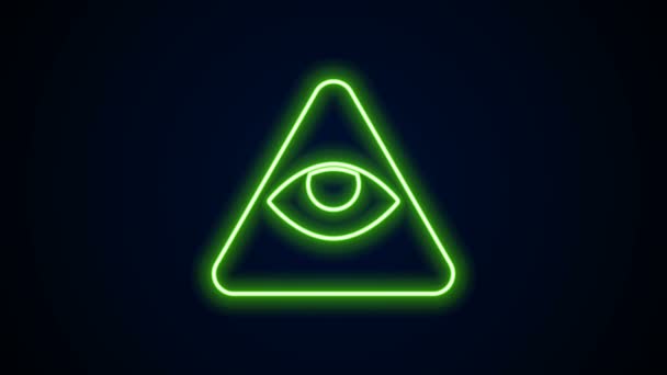 Gloeiende neon lijn Vrijmetselaars symbool Alziende oog van God pictogram geïsoleerd op zwarte achtergrond. Het oog van de Voorzienigheid in de driehoek. 4K Video motion grafische animatie — Stockvideo