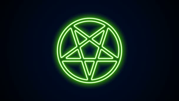 Ligne lumineuse Pentagramme en néon dans une icône circulaire isolée sur fond noir. Symbole magique d'étoile occulte. Animation graphique de mouvement vidéo 4K — Video