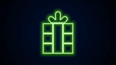 Parlayan neon hattı hediye kutusu simgesi siyah arkaplanda izole edildi. Mutlu Noeller ve mutlu yıllar. 4K Video hareketli grafik canlandırması