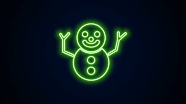 Parlayan neon hattı, siyah arka planda izole edilmiş Noel kardan adam ikonu. Mutlu Noeller ve mutlu yıllar. 4K Video hareketli grafik canlandırması
