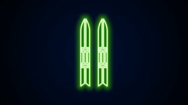 Parlak neon hattı Kayak ve Çubuk simgesi siyah arkaplanda izole edildi. Olağanüstü bir spor. Kayak ekipmanları. Kış sporları ikonu. 4K Video hareketli grafik canlandırması