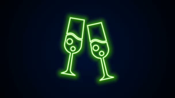 Светящаяся неоновая линия Стакан шампанского иконка изолированы на черном фоне. С Рождеством и Новым годом. Видеографическая анимация 4K — стоковое видео