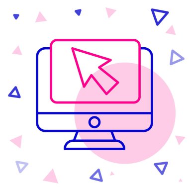 Satır Bilgisayar monitörü ve imleç simgesi beyaz arkaplanda izole edildi. Boş ekran işaretli bilgisayar defteri. Renkli taslak konsepti. Vektör İllüstrasyonu.