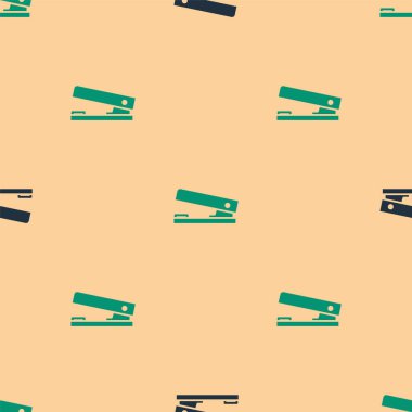 Green and black Office stapler icon isolated seamless pattern on beige background. Stapler, staple, paper, cardboard, office equipment.  Vector Illustration.