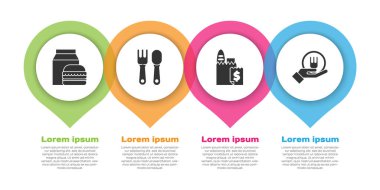 Çevrimiçi sipariş ve hamburger teslimatı, çatal ve kaşık çevrimiçi sipariş ve teslimat ve online sipariş ve teslimat ayarla. Ticari bilgi şablonu. Vektör.