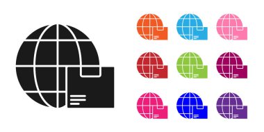 Siyah Dünya çapında kargo ve karton kutu simgesi beyaz arka planda izole edildi. Simgeleri renklendirin. Vektör İllüstrasyonu.