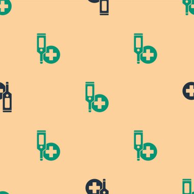 Tıbbi inceleme ikonu için yeşil ve siyah medikal termometre bej arka planda izole edilmiş pürüzsüz desen. Vektör.