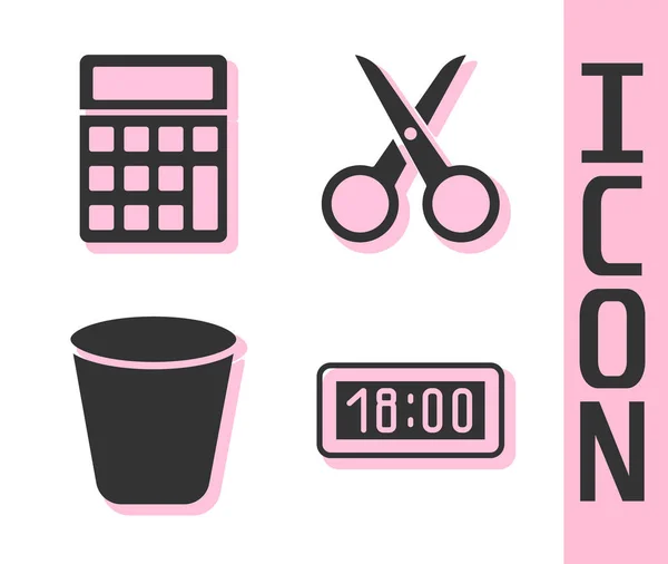 Set Digital Alarm Clock Calculator Trash Can Scissors Icon Vector — Vector de stock