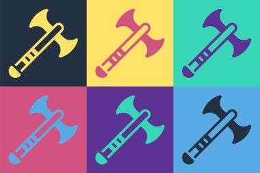 Pop Art War baltası simgesi renk arkaplanında izole edilmiş. Savaş baltası, cellat baltası. Ortaçağ silahı. Vektör.