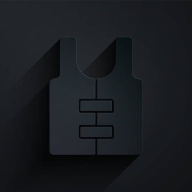 Kağıt kesiği Hayat Ceketi simgesi siyah arkaplanda izole edilmiş. Can yeleği ikonu. Olağanüstü bir spor. Spor malzemeleri. Kağıt sanatı tarzı. Vektör.