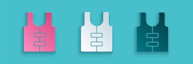 Kağıt kesiği Can yeleği simgesi mavi arkaplanda izole edilmiş. Can yeleği ikonu. Olağanüstü bir spor. Spor malzemeleri. Kağıt sanatı tarzı. Vektör.