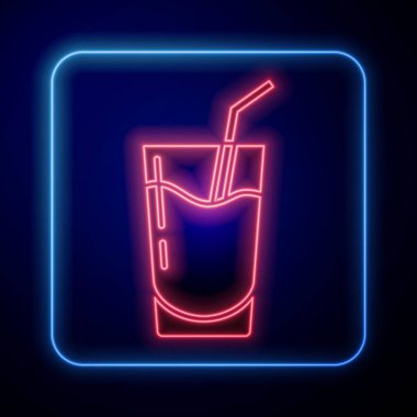 Parlayan neon kokteyl ve alkol ikonu mavi arka planda izole edilmiş. Vektör.