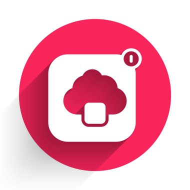 Beyaz Bulut teknoloji veri transferi ve uzun gölge arkaplan izole depolama ikonu. Kırmızı daire düğmesi. Vektör