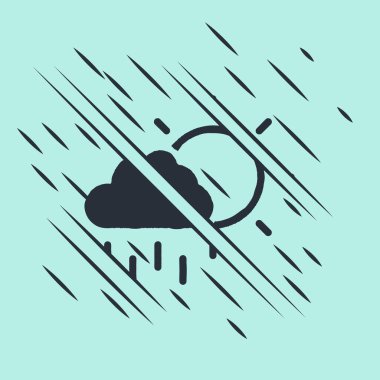 Yeşil zemin üzerinde yağmur ve güneş ikonu olan kara bulut. Yağmur damlaları ile yağmur bulutu yağışı. Arıza tarzı. Vektör.