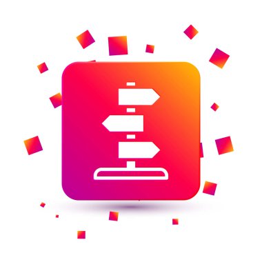 Beyaz Yol trafik tabelası. Beyaz arkaplanda sinyal simgesi izole edildi. İşaretçi sembolü. İzole sokak bilgi levhası. Yön tabelası. Kare renk düğmesi. Vektör.