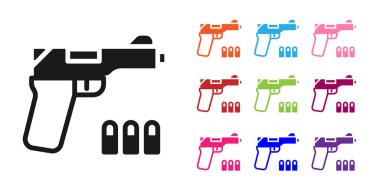 Beyaz arka planda siyah tabanca ya da silah ikonu var. Polis ya da askeri silah. Küçük ateşli silah. Simgeleri renklendirin. Vektör.