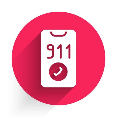 Acil durumda aranacak beyaz telefon 911 ikonu uzun gölgeli izole edildi. Polis, ambulans, itfaiye, çağrı, telefon. Kırmızı daire düğmesi. Vektör.