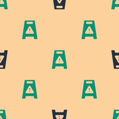 Yeşil ve siyah ıslak zemin ve temizlik ikonu bej arka planda izole edilmiş pürüzsüz desen. Temizlik hizmeti konsepti. Vektör.