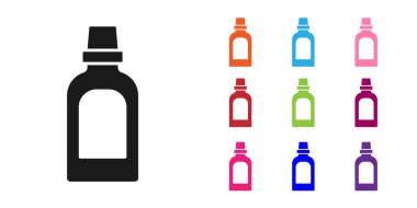 Çamaşır deterjanı, çamaşır suyu, bulaşık deterjanı ya da beyaz arka planda izole edilmiş başka bir temizlik malzemesi için siyah plastik şişe. Simgeleri renklendirin. Vektör.