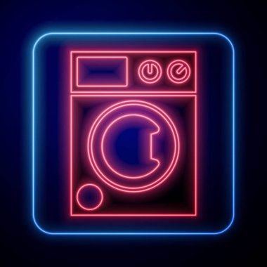 Parlayan neon yıkama ikonu mavi arka planda izole edildi. Çamaşır makinesi simgesi. Çamaşır makinesi, çamaşır makinesi. Ev aletleri sembolü. Vektör.