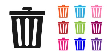 Siyah Çöp Kutusu simgesi beyaz arkaplanda izole edildi. Çöp kutusu tabelası. Sepet simgesini geri dönüştür. Ofis çöpü ikonu. Simgeleri renklendirin. Vektör.