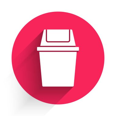 Beyaz Çöp kutusu simgesi uzun gölgeli izole edilmiş. Çöp kutusu tabelası. Sepet simgesini geri dönüştür. Ofis çöpü ikonu. Kırmızı daire düğmesi. Vektör.