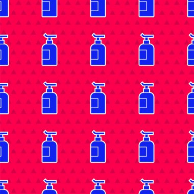 Mavi Krem ya da losyon kozmetik tüp ikonu kırmızı arkaplanda izole edilmiş kusursuz desen. Kadınlar için vücut bakım ürünleri. Vektör.