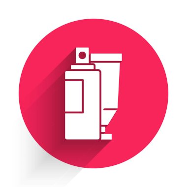 Beyaz Krem veya losyon kozmetik tüp ikonu uzun gölgeli izole edilmiş. Kadınlar için vücut bakım ürünleri. Kırmızı daire düğmesi. Vektör.