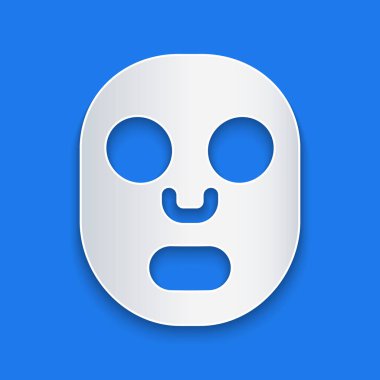 Kağıt kesiği. Mavi arka planda yüz maskesi simgesi izole edilmiş. Kozmetoloji, ilaç ve sağlık hizmetleri. Kağıt sanatı tarzı. Vektör.