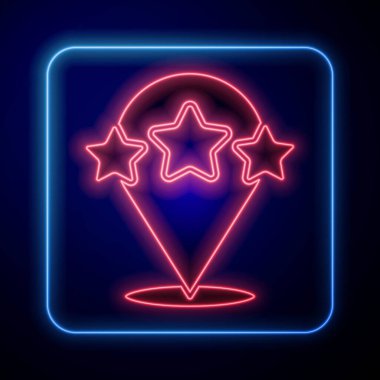Parlayan neon beş yıldızlı müşteri ürün değerlendirme simgesi mavi arkaplanda izole edildi. Favori, en iyi derecelendirme, ödül sembolü. Vektör.