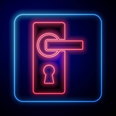 Parlayan neon kapı kolu simgesi mavi arkaplanda izole edildi. Kapı kilidi işareti. Vektör.