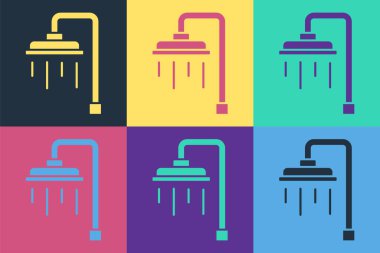 Arkaplanda su damlaları akan bir ikon olan Pop Art Duş başlığı izole edilmiş. Vektör.