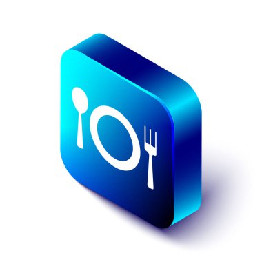 Beyaz arka planda izole edilmiş Isometric plaka, çatal ve bıçak ikonu. Çatal bıçak sembolü. Restoran tabelası. Mavi kare düğme. Vektör.