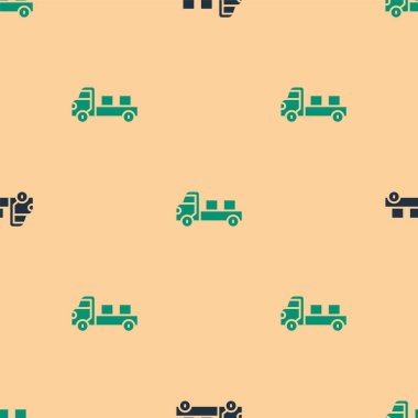Yeşil ve siyah kamyonet ikonu bej arka planda izole edilmiş pürüzsüz desen. Vektör.