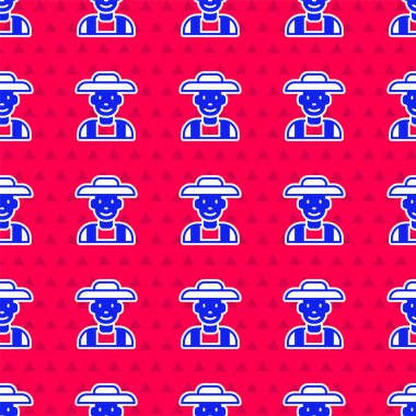 Şapka ikonundaki mavi çiftçi kırmızı arkaplanda kusursuz desen buldu. Vektör.